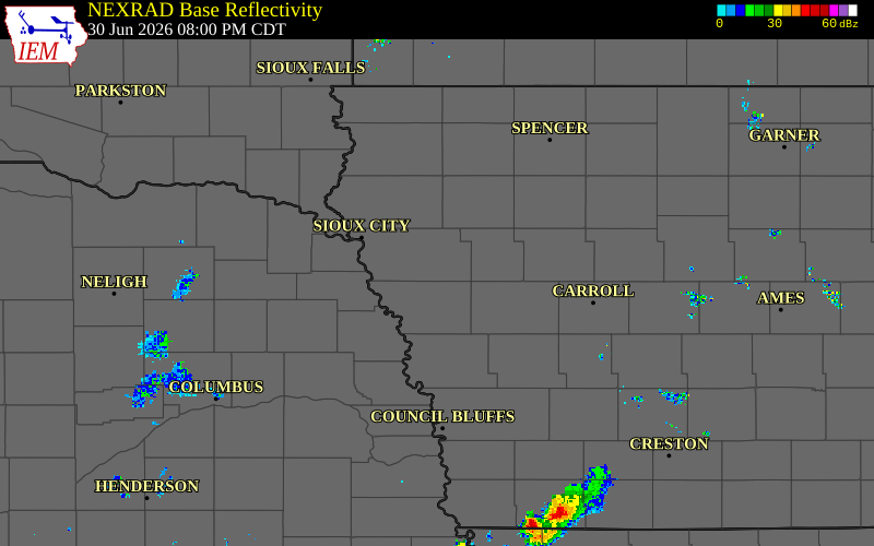 Radar snapshot during the Jun 30, 2026 tornado event near 1 SW Oto, Woodbury County, Iowa, with NWS warning polygons