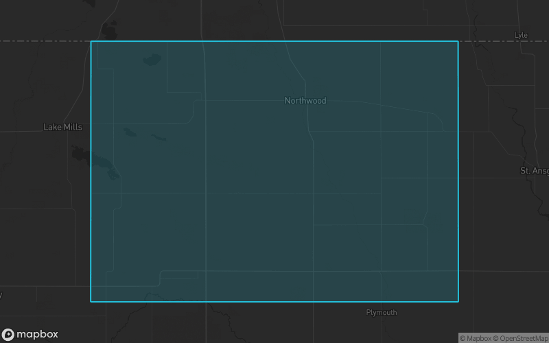 Map of Worth County, Iowa showing the county boundary and surrounding cities