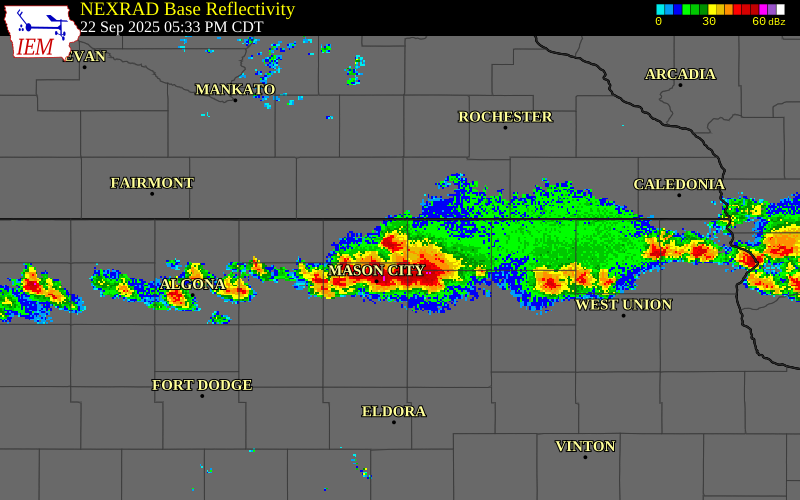 NEXRAD radar during the Monday, September 22, 2025 storm activity in Worth County, Iowa