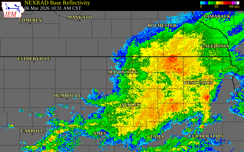 NEXRAD radar during the Friday, March 6, 2026 storm activity in Worth County, Iowa