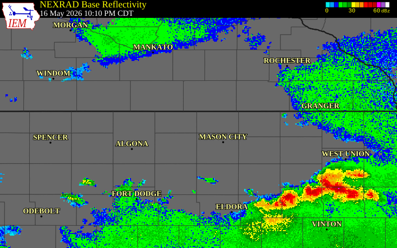 NEXRAD radar during the Saturday, May 16, 2026 storm activity in Worth County, Iowa