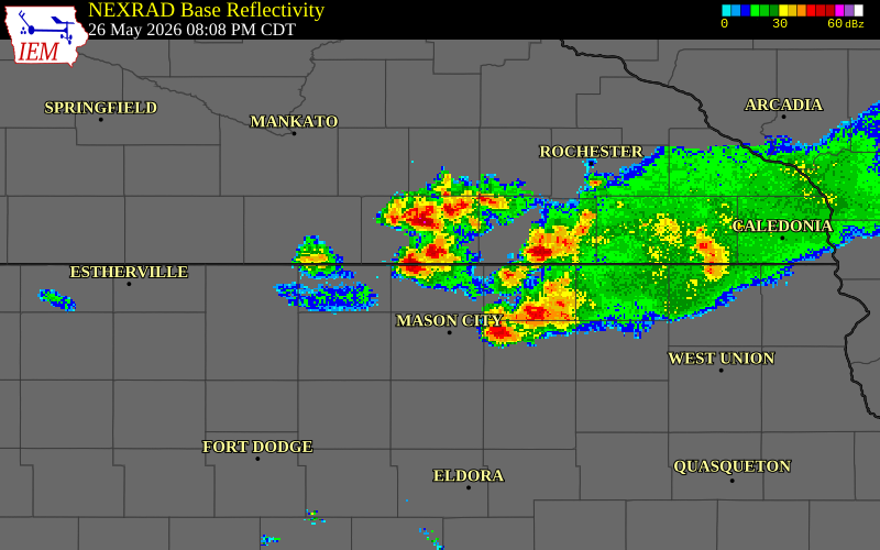 NEXRAD radar during the Tuesday, May 26, 2026 storm activity in Worth County, Iowa