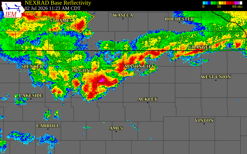 NEXRAD radar during the Thursday, July 2, 2026 storm activity in Worth County, Iowa