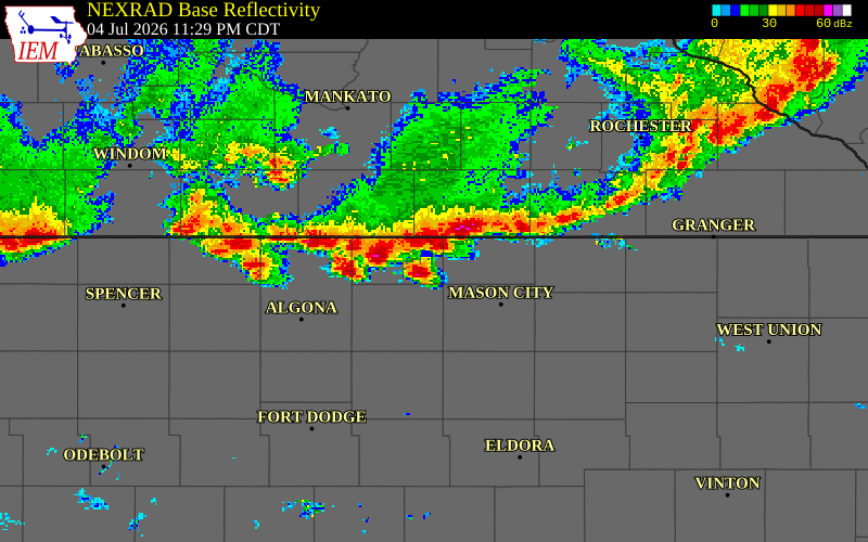 NEXRAD radar during the Saturday, July 4, 2026 storm activity in Worth County, Iowa