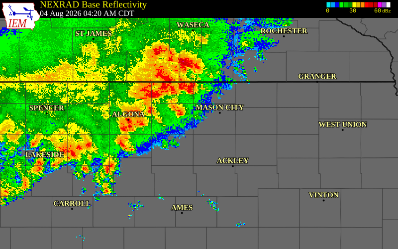 NEXRAD radar during the Tuesday, August 4, 2026 storm activity in Worth County, Iowa