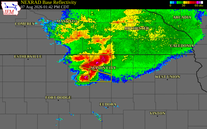 NEXRAD radar during the Friday, August 7, 2026 storm activity in Worth County, Iowa