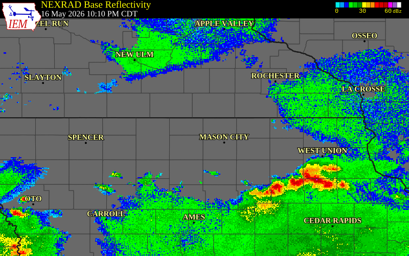 Radar snapshot during the May 16, 2026 tornado event near 1 W Joice, Worth County, Iowa, with NWS warning polygons