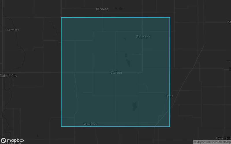 Map of Wright County, Iowa showing the county boundary and surrounding cities