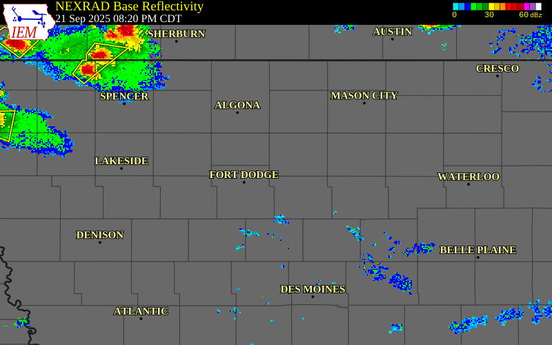 NEXRAD radar during the Sunday, September 21, 2025 storm activity in Wright County, Iowa