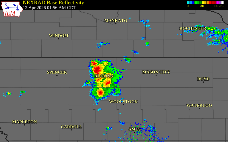 NEXRAD radar during the Sunday, April 12, 2026 storm activity in Wright County, Iowa