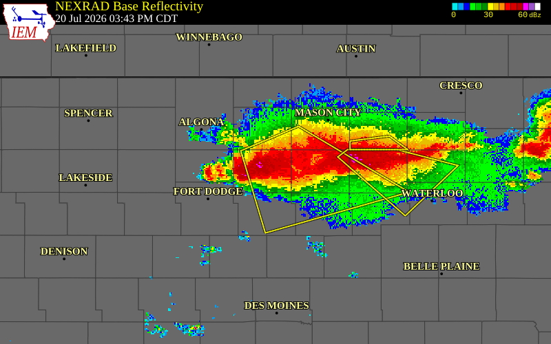 NEXRAD radar during the Monday, July 20, 2026 storm activity in Wright County, Iowa