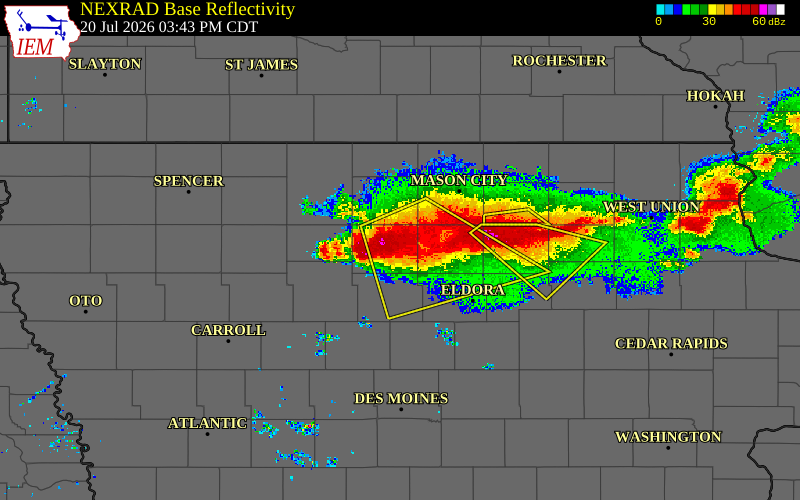 Radar snapshot during the Jul 20, 2026 wind event near 3 NNW Galt, Wright County, Iowa, with NWS warning polygons
