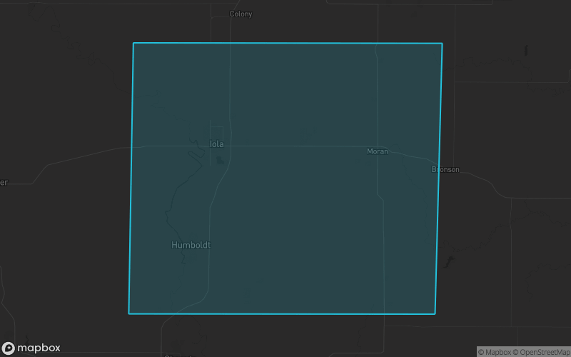Map of Allen County, Kansas showing the county boundary and surrounding cities