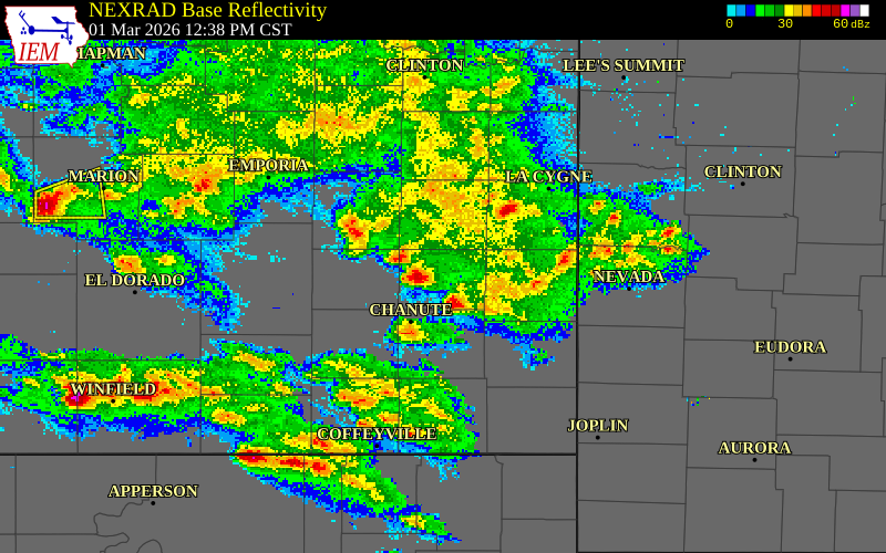 NEXRAD radar during the Sunday, March 1, 2026 storm activity in Allen County, Kansas