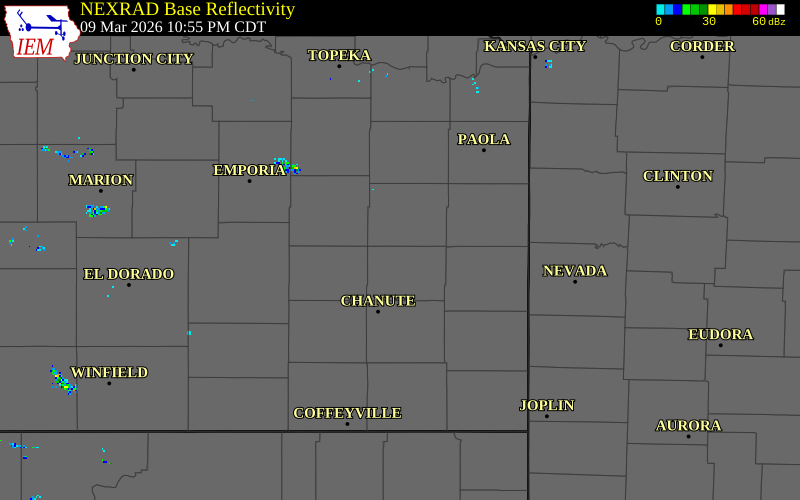 NEXRAD radar during the Monday, March 9, 2026 storm activity in Allen County, Kansas