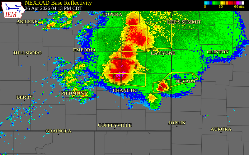 NEXRAD radar during the Sunday, April 26, 2026 storm activity in Allen County, Kansas