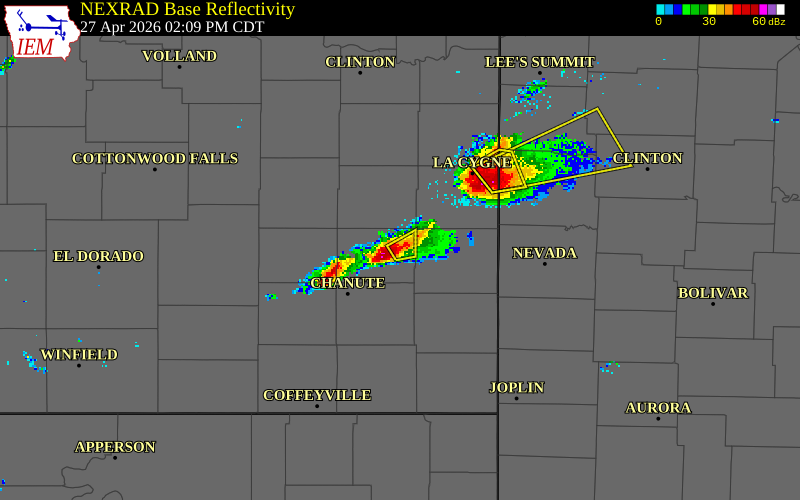 NEXRAD radar during the Monday, April 27, 2026 storm activity in Allen County, Kansas