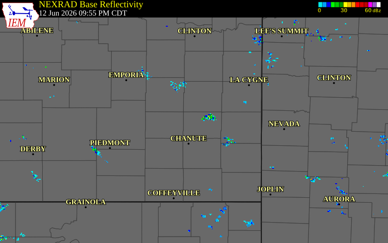 NEXRAD radar during the Friday, June 12, 2026 storm activity in Allen County, Kansas