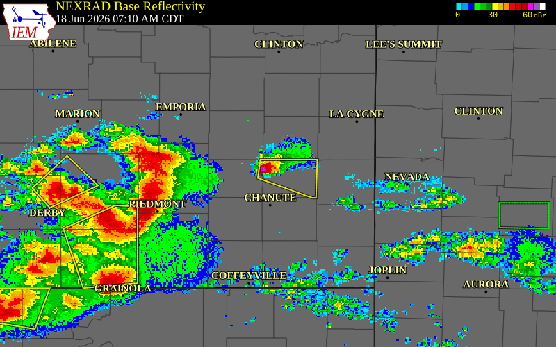 NEXRAD radar during the Thursday, June 18, 2026 storm activity in Allen County, Kansas