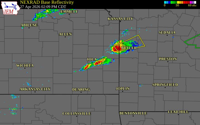 Radar snapshot during the Apr 27, 2026 hail event near Moran, Allen County, Kansas, with NWS warning polygons