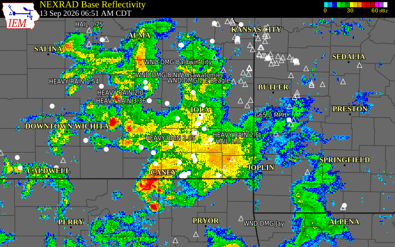Current NEXRAD radar over Allen County, Kansas with recent storm report locations