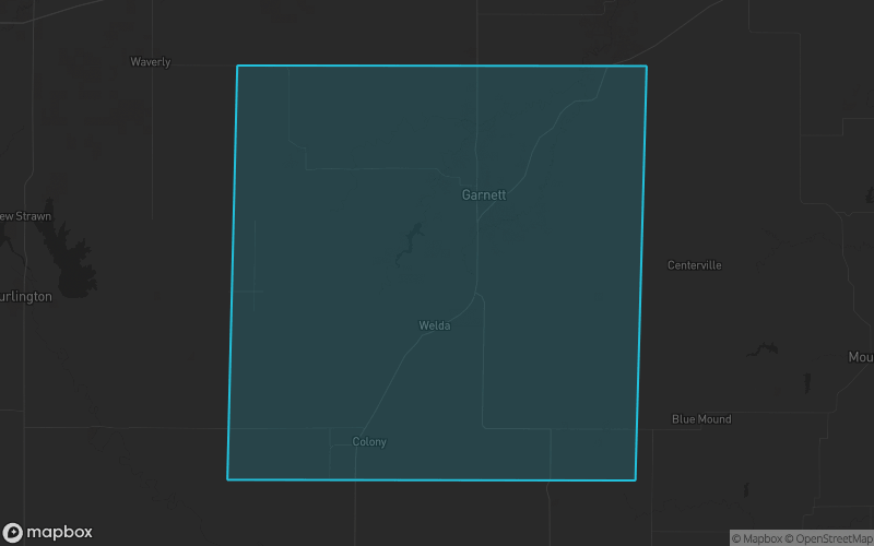 Map of Anderson County, Kansas showing the county boundary and surrounding cities