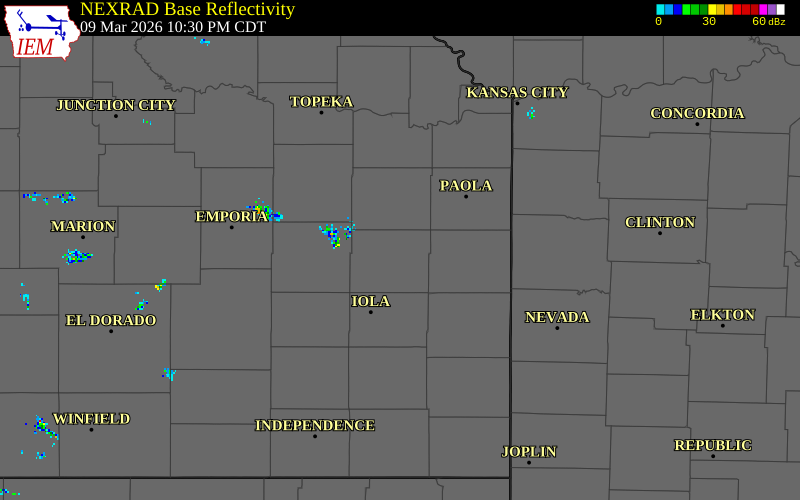 NEXRAD radar during the Monday, March 9, 2026 storm activity in Anderson County, Kansas