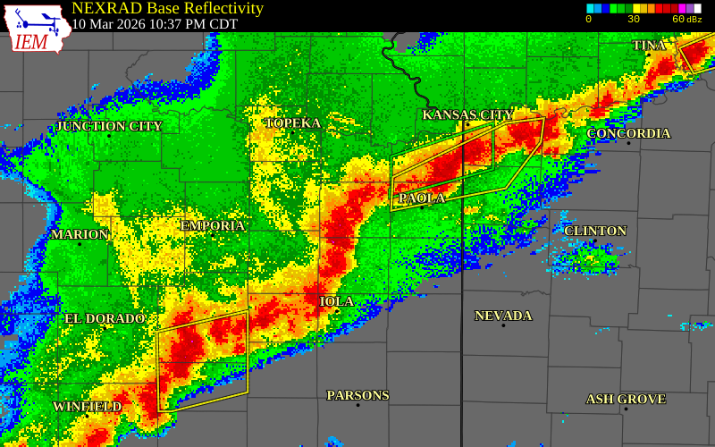 NEXRAD radar during the Tuesday, March 10, 2026 storm activity in Anderson County, Kansas