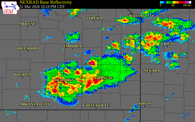 NEXRAD radar during the Tuesday, March 31, 2026 storm activity in Anderson County, Kansas