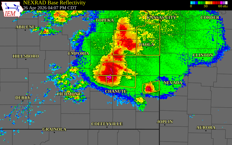 NEXRAD radar during the Sunday, April 26, 2026 storm activity in Anderson County, Kansas