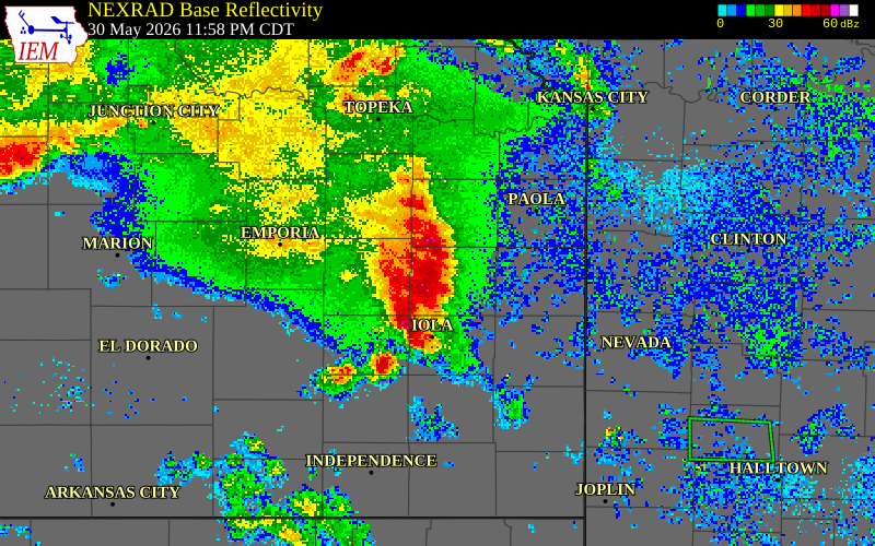 NEXRAD radar during the Saturday, May 30, 2026 storm activity in Anderson County, Kansas