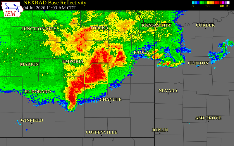 NEXRAD radar during the Saturday, July 4, 2026 storm activity in Anderson County, Kansas