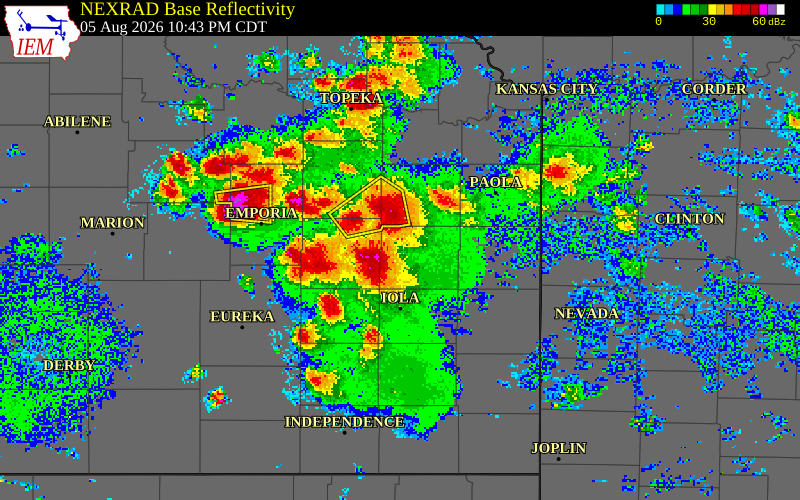 NEXRAD radar during the Wednesday, August 5, 2026 storm activity in Anderson County, Kansas