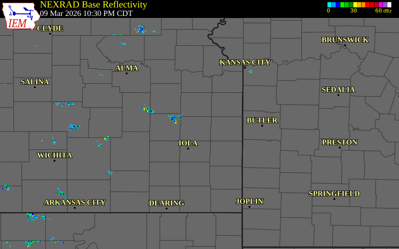 Radar snapshot during the Mar 9, 2026 wind event near Garnett, Anderson County, Kansas, with NWS warning polygons