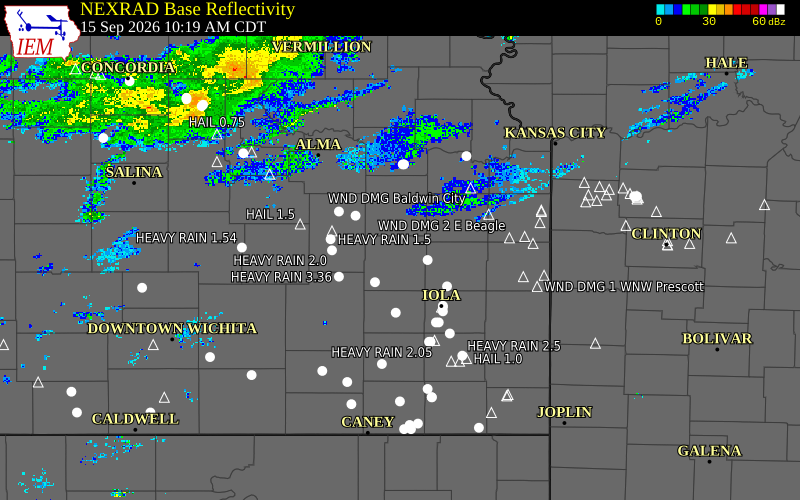 Current NEXRAD radar over Anderson County, Kansas with recent storm report locations
