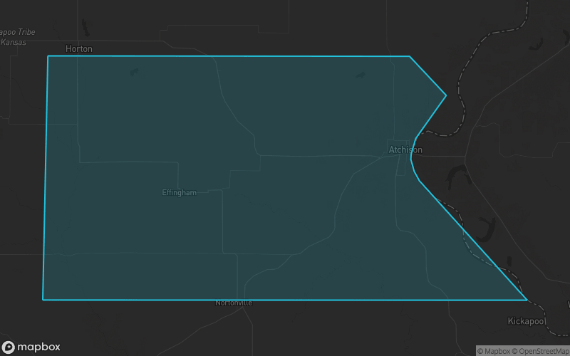 Map of Atchison County, Kansas showing the county boundary and surrounding cities