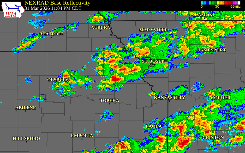 NEXRAD radar during the Tuesday, March 31, 2026 storm activity in Atchison County, Kansas