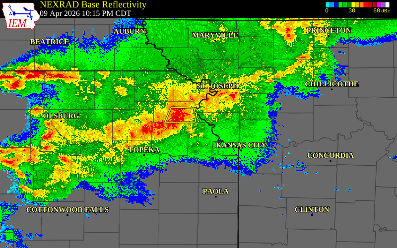 NEXRAD radar during the Thursday, April 9, 2026 storm activity in Atchison County, Kansas