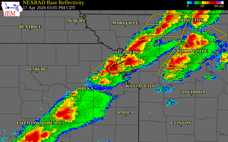 NEXRAD radar during the Friday, April 17, 2026 storm activity in Atchison County, Kansas