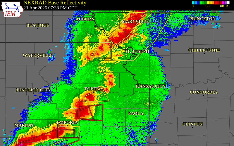 NEXRAD radar during the Thursday, April 23, 2026 storm activity in Atchison County, Kansas