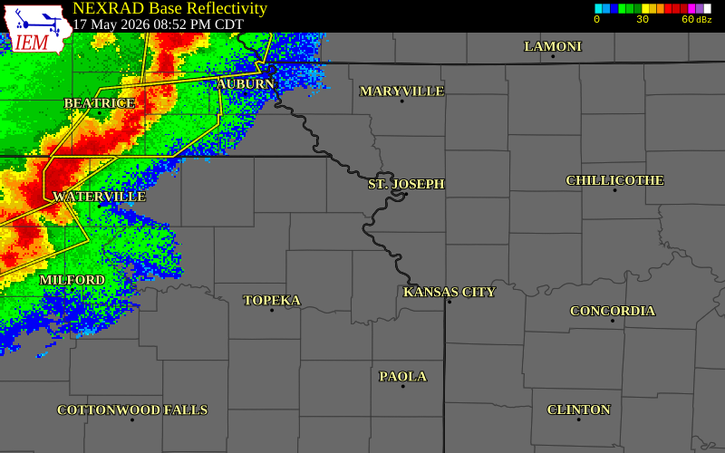 NEXRAD radar during the Sunday, May 17, 2026 storm activity in Atchison County, Kansas