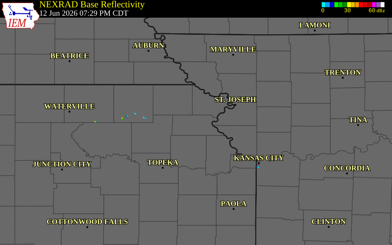NEXRAD radar during the Friday, June 12, 2026 storm activity in Atchison County, Kansas