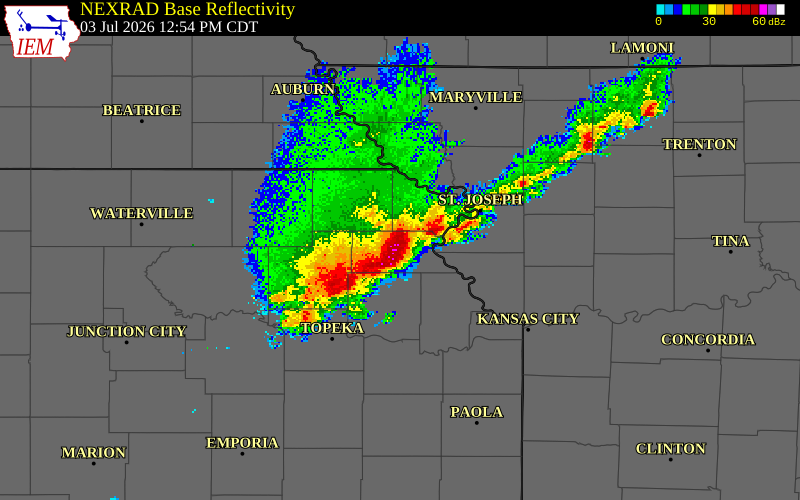 NEXRAD radar during the Friday, July 3, 2026 storm activity in Atchison County, Kansas