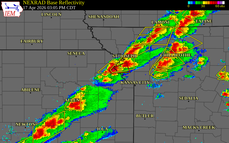 Radar snapshot during the Apr 17, 2026 tornado event near 3 NE Potter, Atchison County, Kansas, with NWS warning polygons