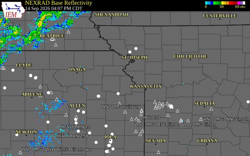 Current NEXRAD radar over Atchison County, Kansas with recent storm report locations