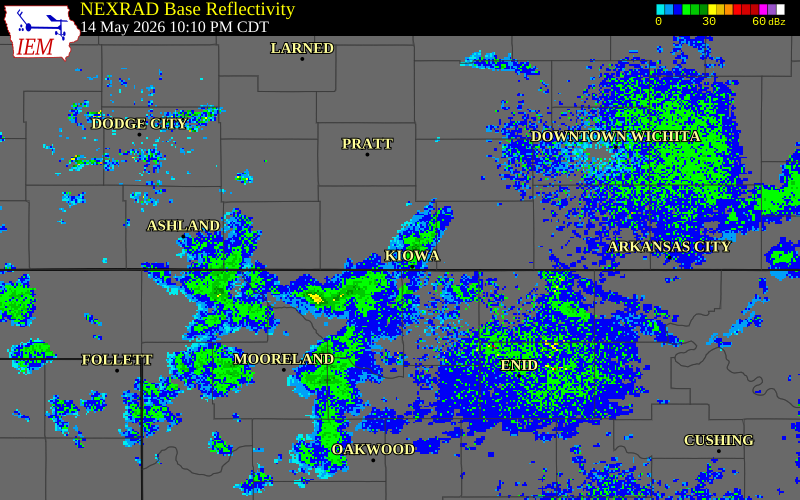 NEXRAD radar during the Thursday, May 14, 2026 storm activity in Barber County, Kansas