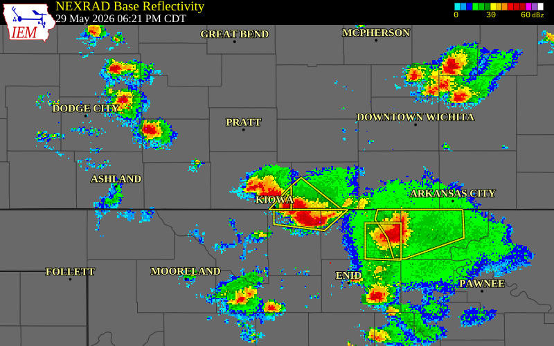 NEXRAD radar during the Friday, May 29, 2026 storm activity in Barber County, Kansas