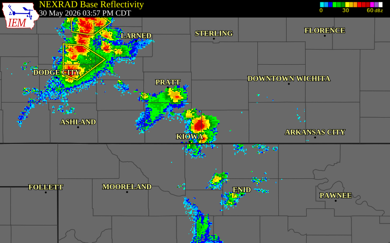NEXRAD radar during the Saturday, May 30, 2026 storm activity in Barber County, Kansas