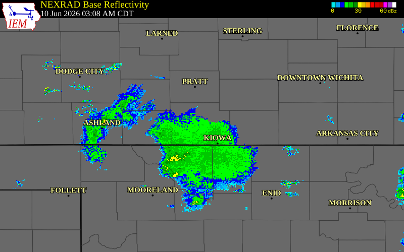 NEXRAD radar during the Wednesday, June 10, 2026 storm activity in Barber County, Kansas