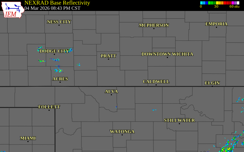 Radar snapshot during the Mar 4, 2026 hail event near Sharon, Barber County, Kansas, with NWS warning polygons